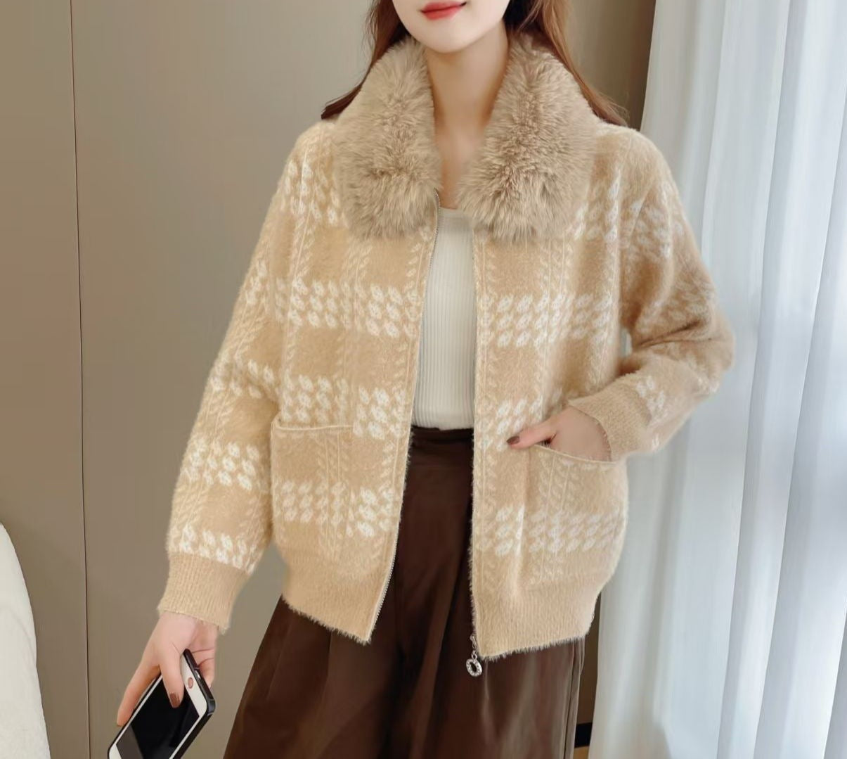 Damen Strickjacke Kunstfellkragen Norvielle