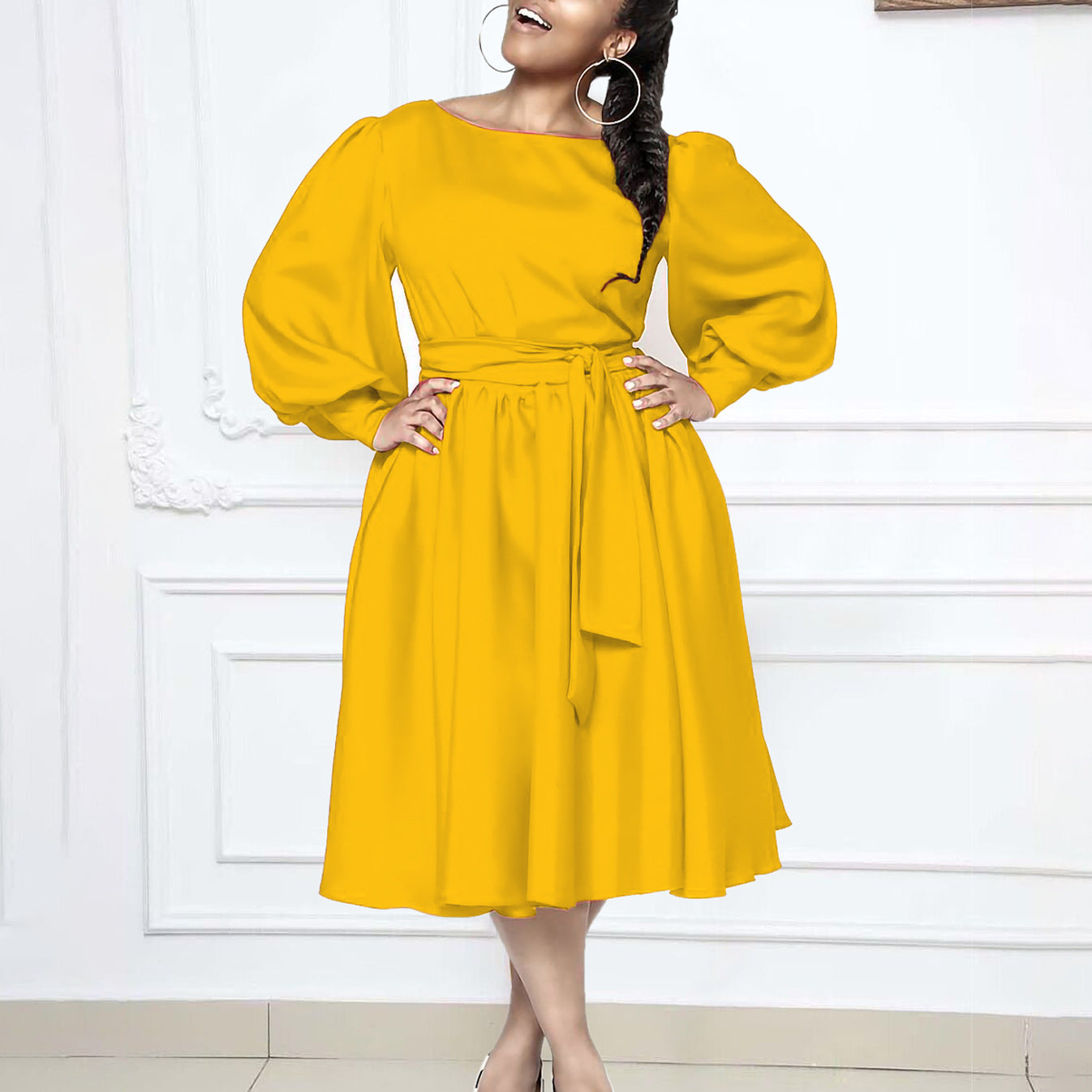 Damen Maxikleid Wickelgürtel Voluminöse Ärmel Norvielle