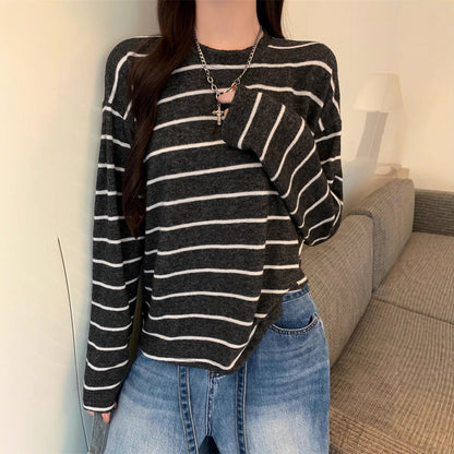 Damen Langarmshirt Streifenlook Baumwolle Weiß