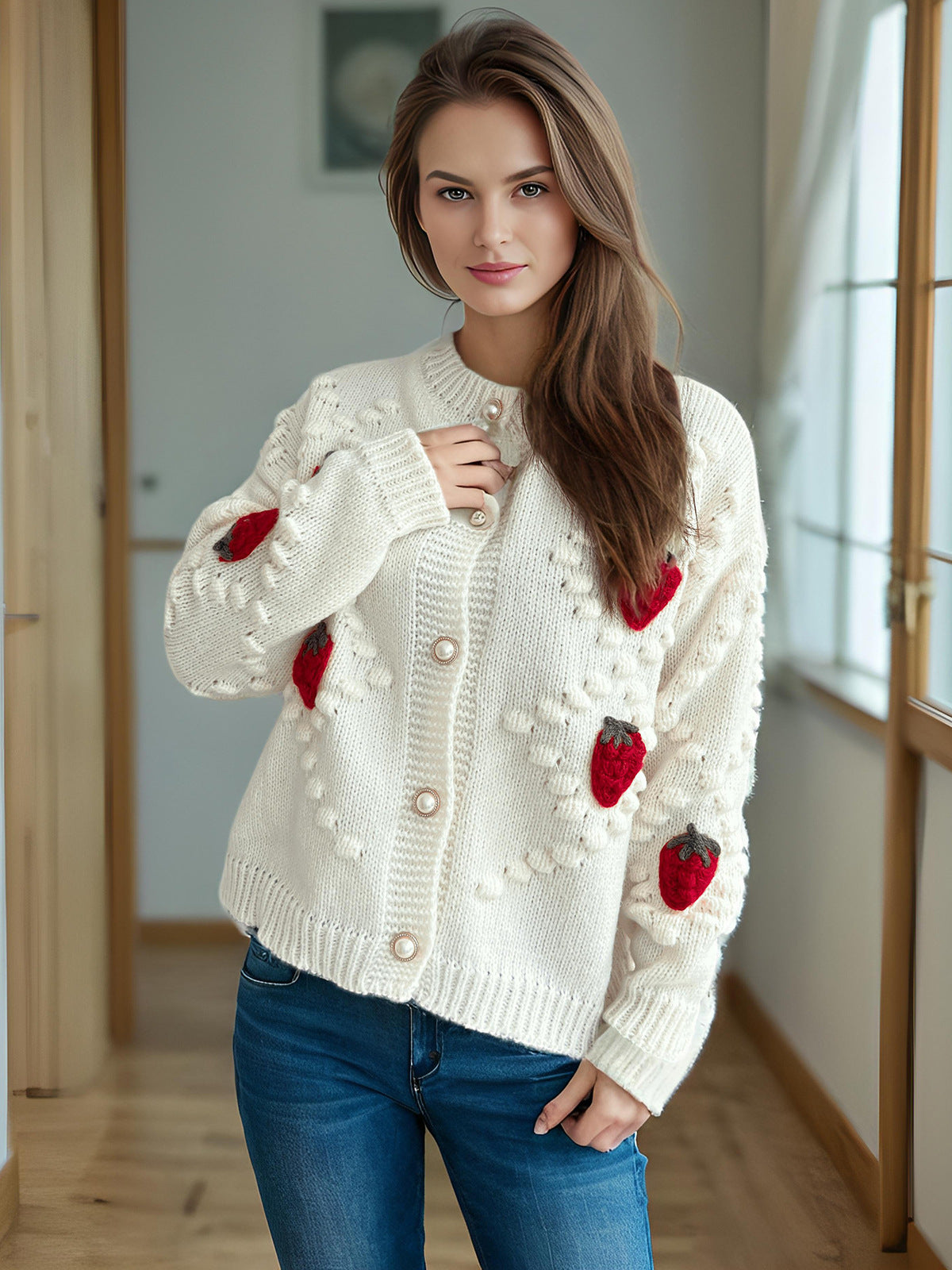 Damen Strickjacke Erdbeer Stickerei Knopfverschluss Norvielle