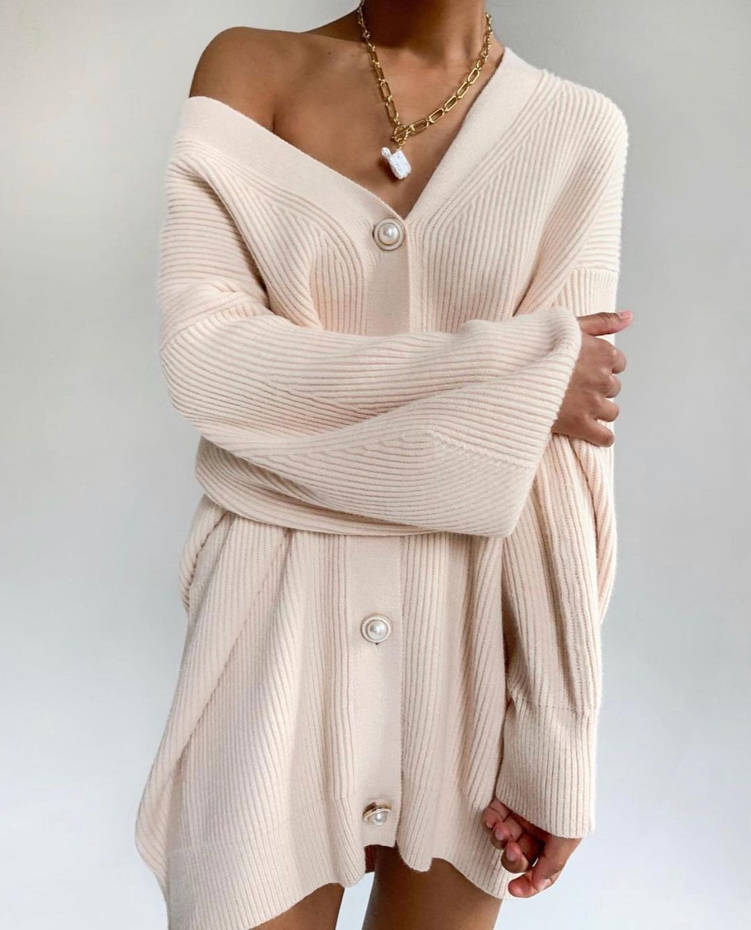 Damen Strickcardigan Oversized Dekorative Knöpfe Beige