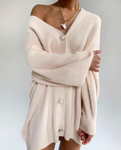 Damen Strickcardigan Oversized Dekorative Knöpfe Beige