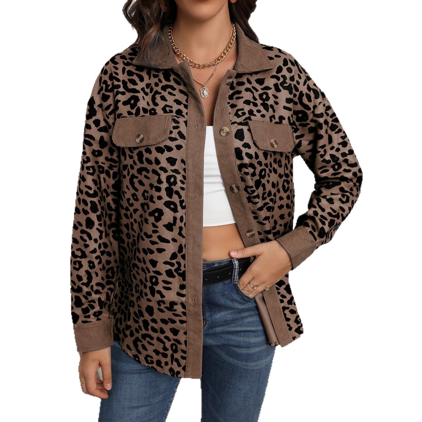 Damen Kordjacke Leo-Print mit Brusttaschen Norvielle