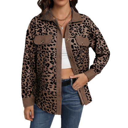 Damen Kordjacke Leo-Print mit Brusttaschen Norvielle