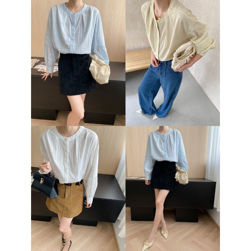 Damen Bluse mit Puffärmeln und Knöpfen Norvielle