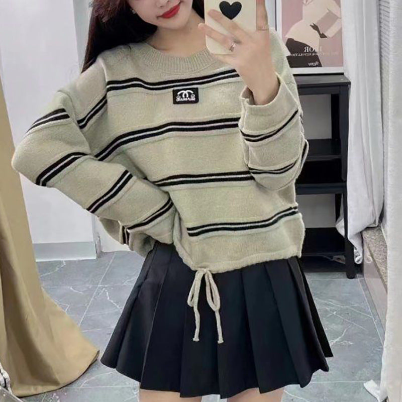 Damen Sweater Gestreift Oversized Kordelzug Beige