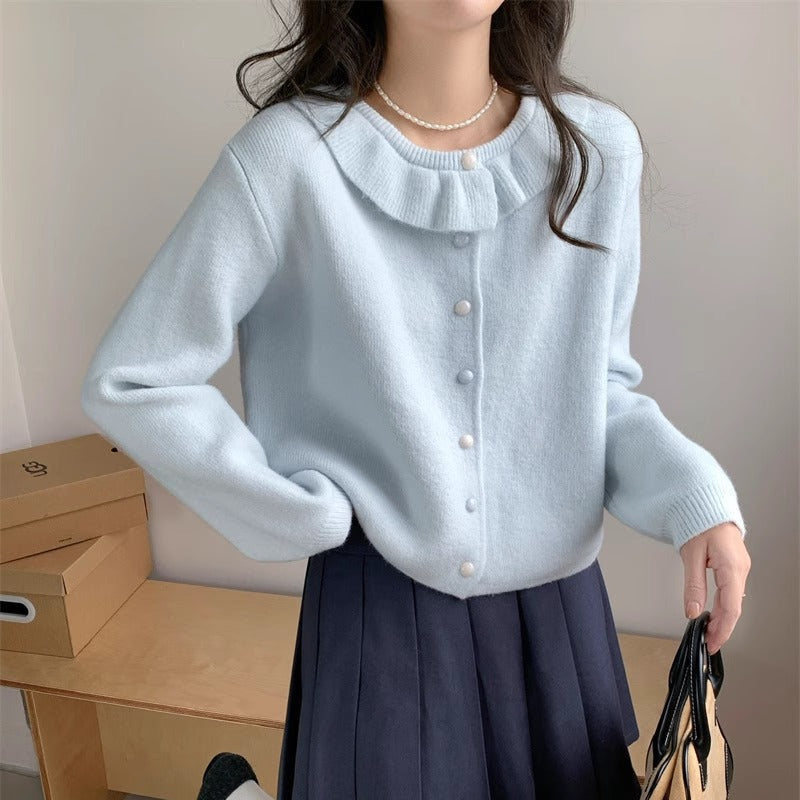 Damen Strickpullover Romantischer Rüschenkragen Feine Knöpfe Norvielle - Norvielle