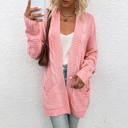 Damen Grobstrick-Cardigan Offenes Frontdesign Mit Taschen Norvielle