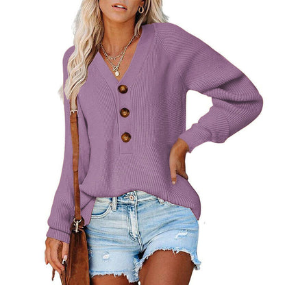 Damen Pullover V-Ausschnitt Holzknöpfe Norvielle
