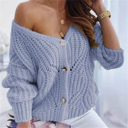 Damen Cardigan Offen Grobstrick Dekorative Knöpfe Beige