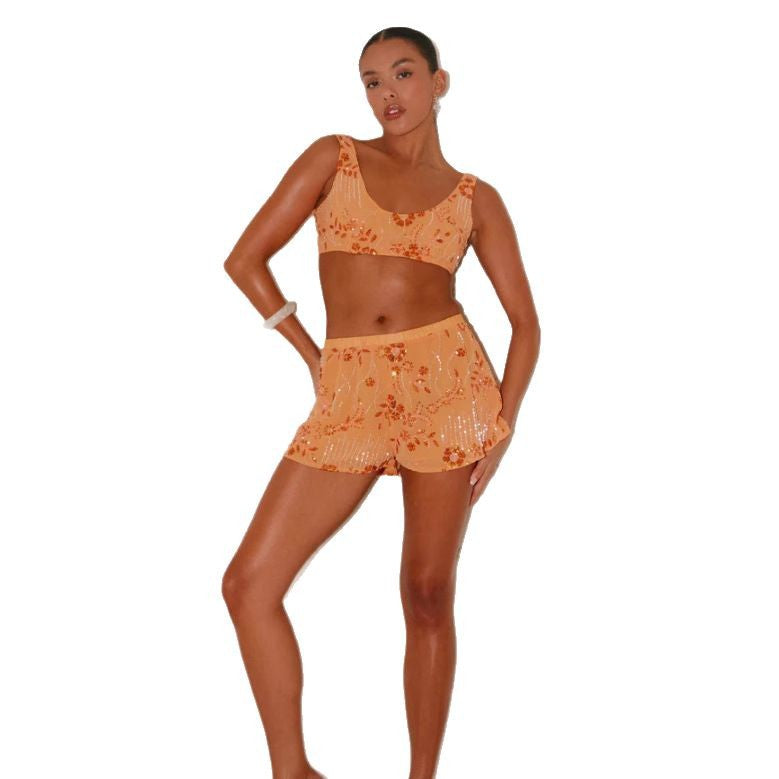 Damen Bikini-Set Glitzernde Blumen Details Figurbetonter Schnitt