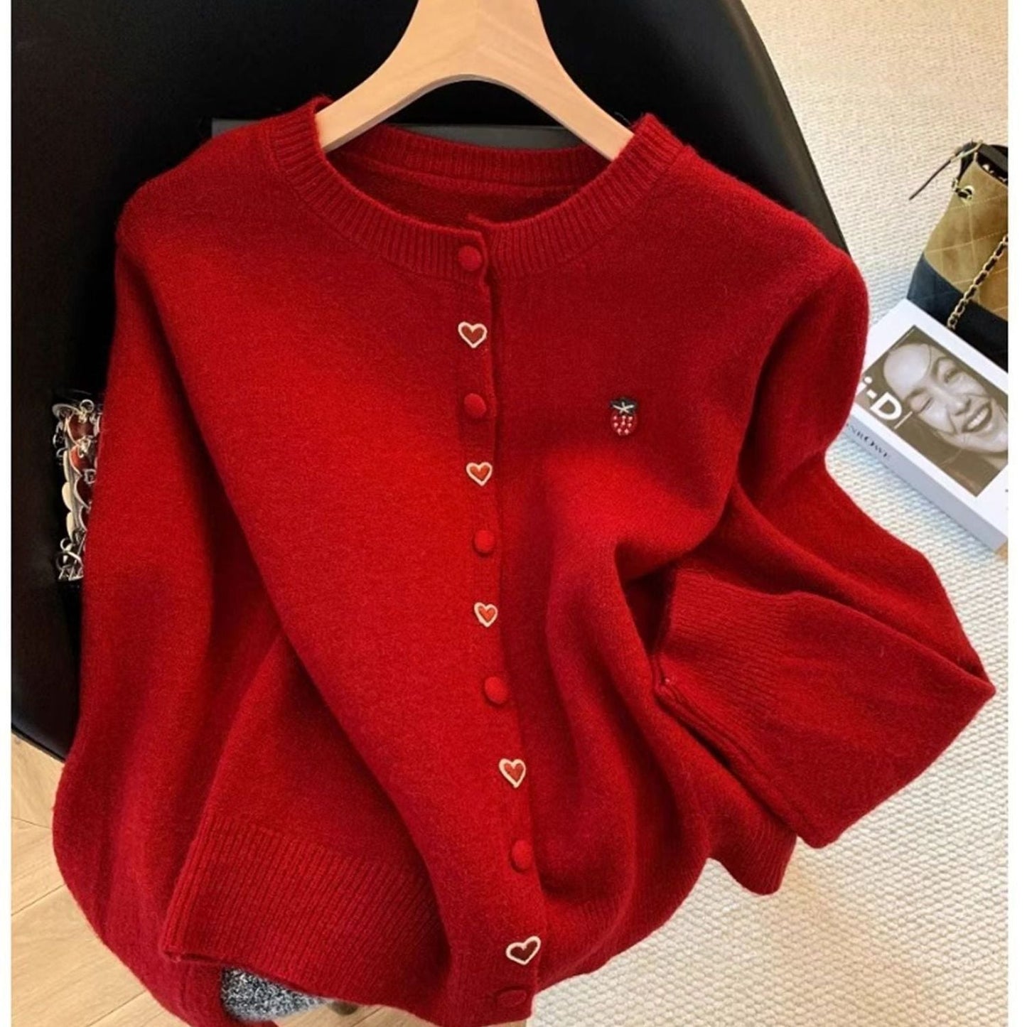 Damen Strickjacke Herz Erdbeeren Applikationen Norvielle