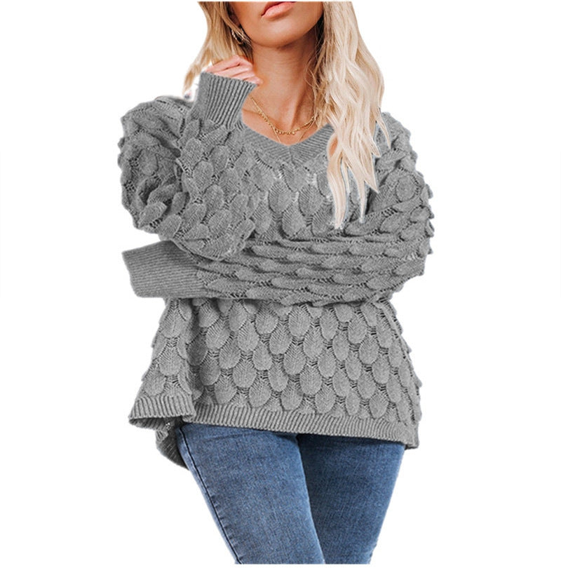 Damen Grobstrickpullover V-Ausschnitt Wellenmuster Norvielle