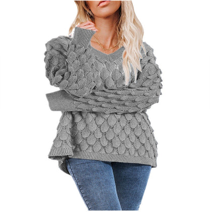 Damen Grobstrickpullover V-Ausschnitt Wellenmuster Norvielle
