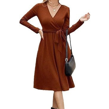 Damen Wickelkleid Längsstreifen Taillengürtel Norvielle