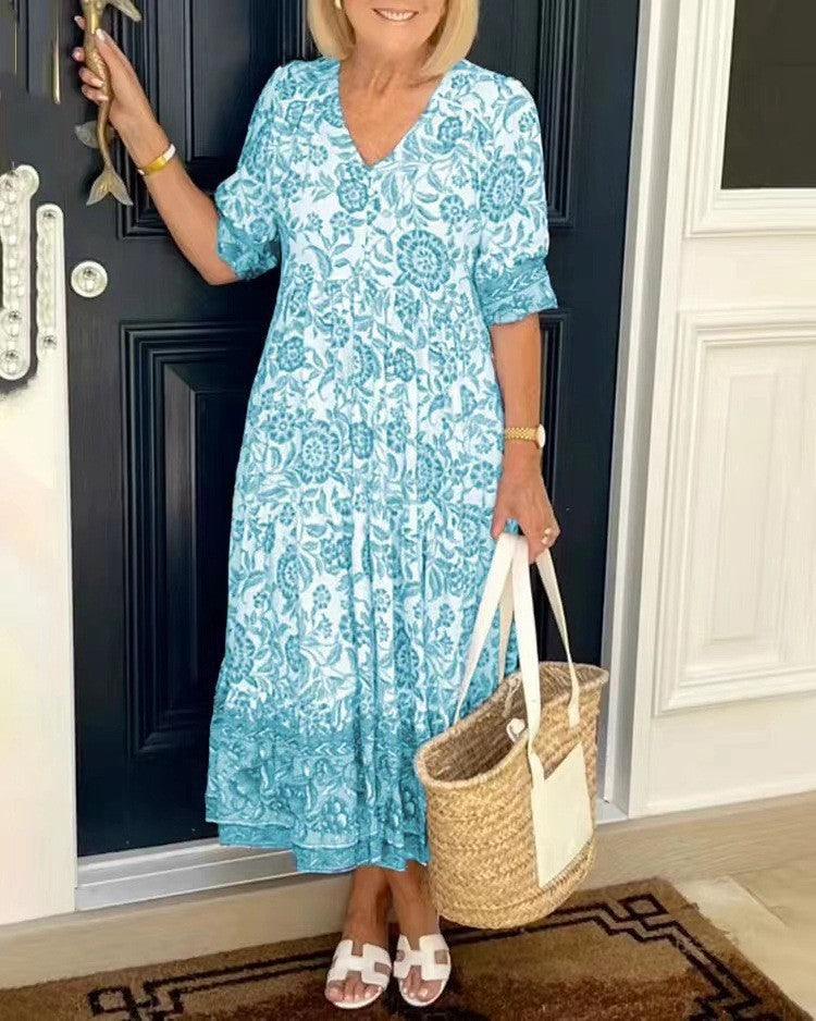 Damen Kleid V-Ausschnitt Print Übergröße