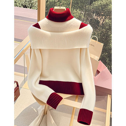 Damen Pullover Weite Stehkragen Dekorativer Farbkontrast Norvielle - Norvielle
