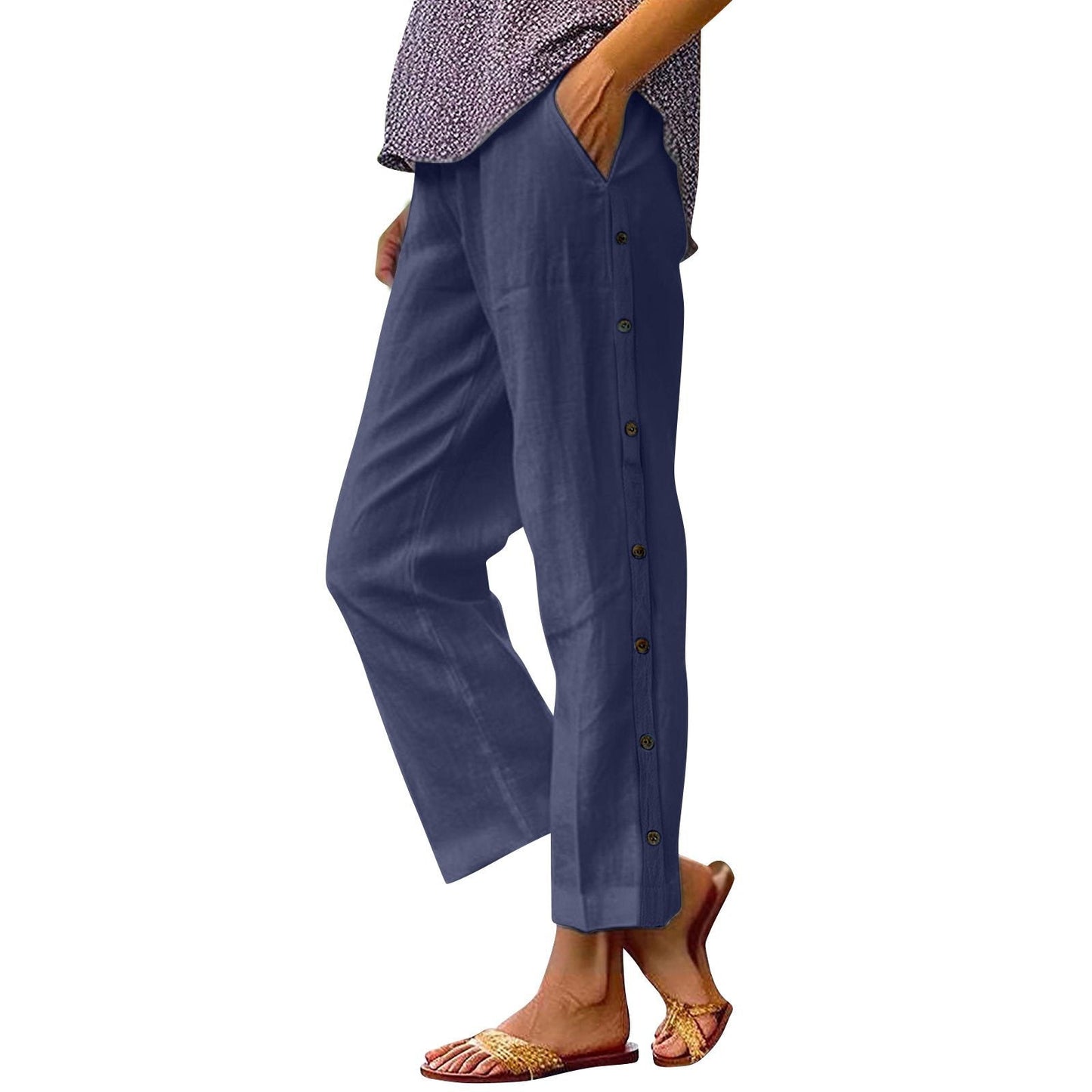 Damen Leinenhose Bequem Mit Knöpfen