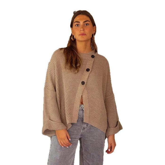 Damen Strickcardigan Gemütlich Dekorative Knöpfe Beige