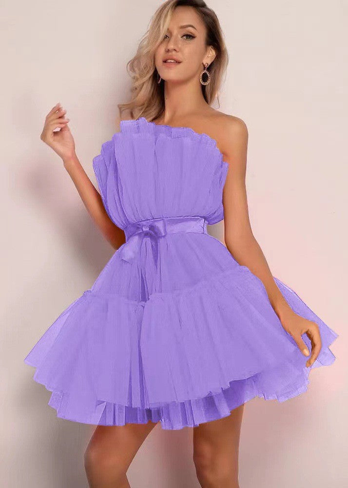 Damen Tüllkleid Asymmetrisch Voluminöse Rüschen