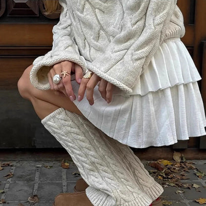 Damen Pullover Grobgestrickt Zopfdesign Beige