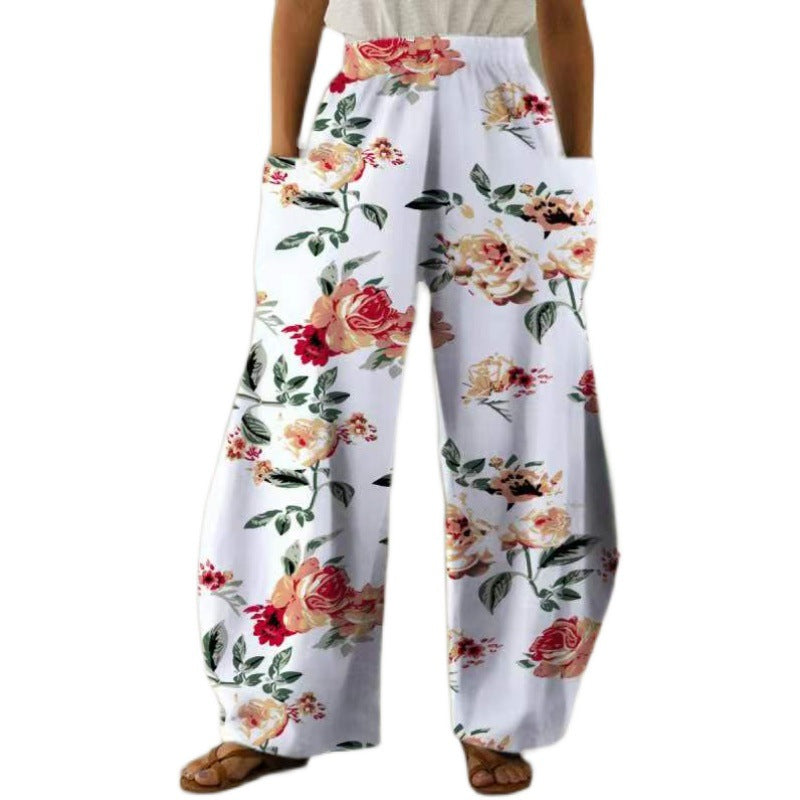 Damen Weite Blumenhosen Mit Taschen Elastischer Bund