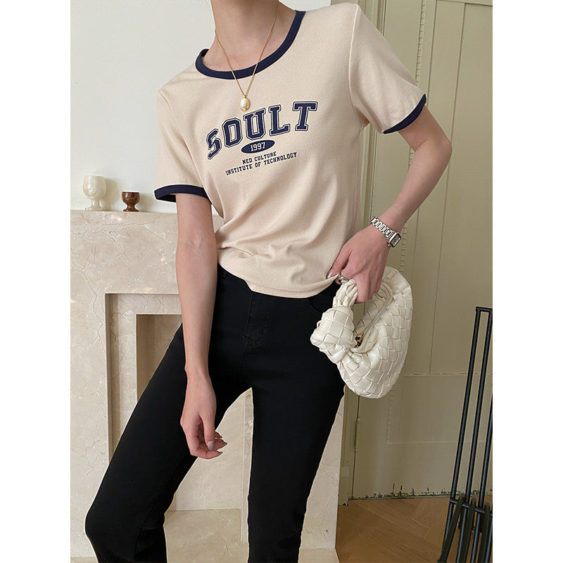 Damen T-Shirt Rundhalsausschnitt Kontrastfarbe Weiß
