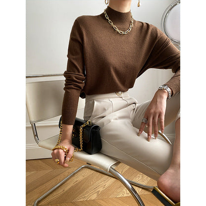 Damen Langarmoberteil Höherer Kragen Rippstruktur Beige