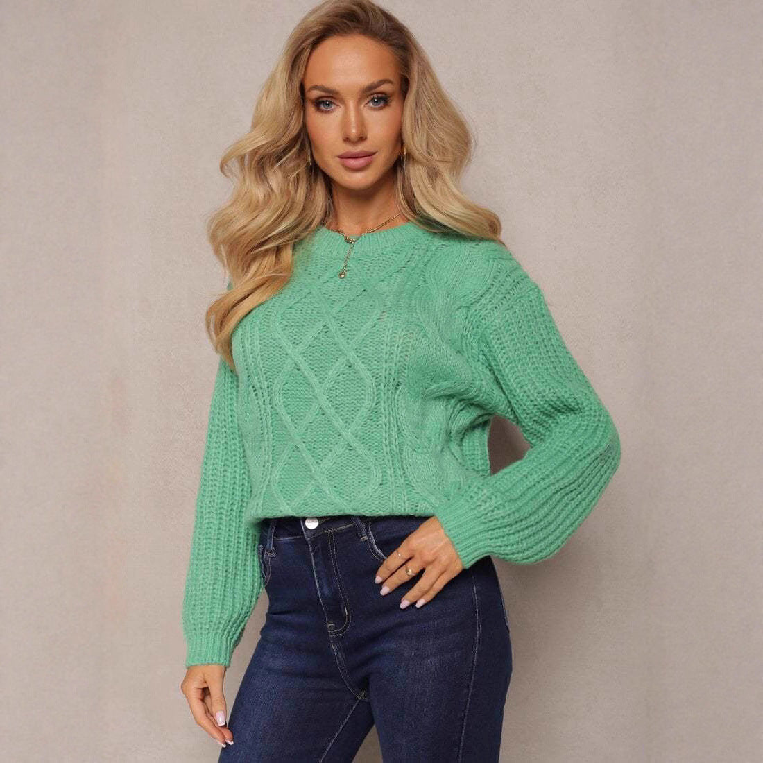 Damen Grobstrickpullover Romantisch Zopfdesign Weite Ärmel Norvielle - Norvielle