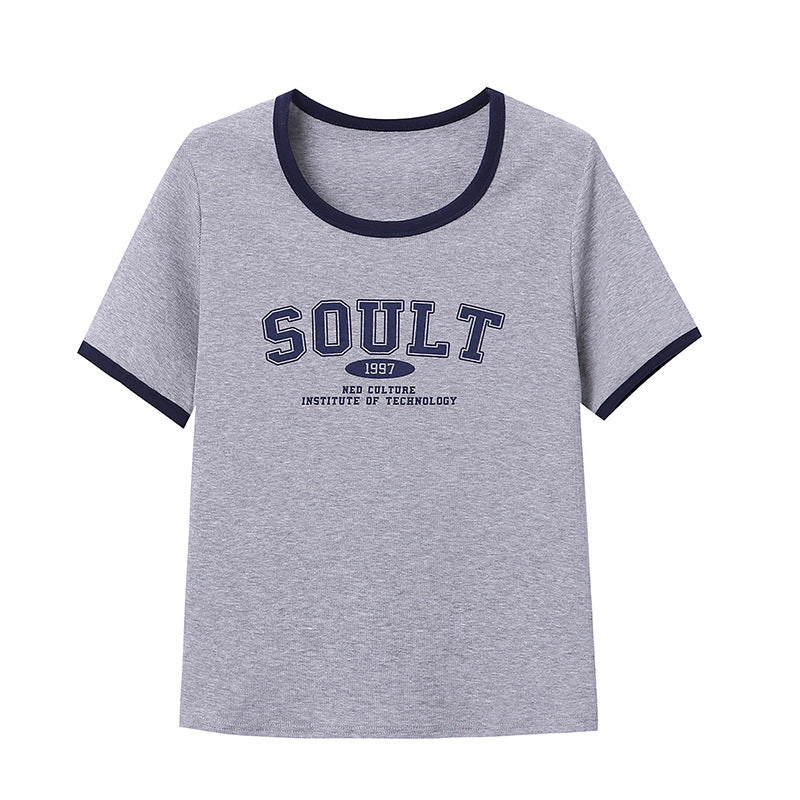 Damen T-Shirt Rundhalsausschnitt Kontrastfarbe Weiß