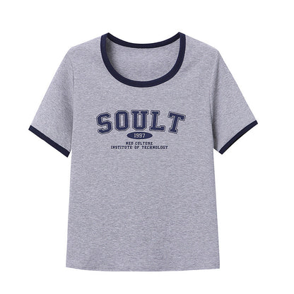 Damen T-Shirt Rundhalsausschnitt Kontrastfarbe Weiß