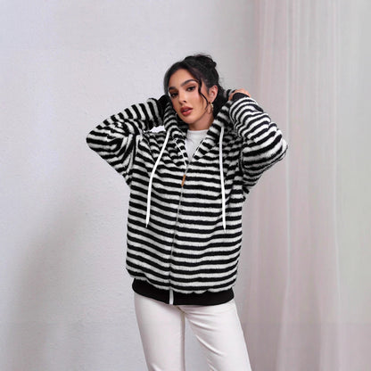 Damen Strickjacke Flauschig Kontraststreifen Norvielle