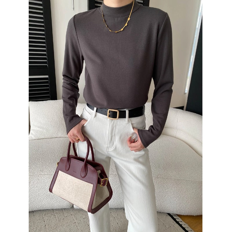 Damen Langarmshirt Hochkragen Norvielle Baumwolle Weiß