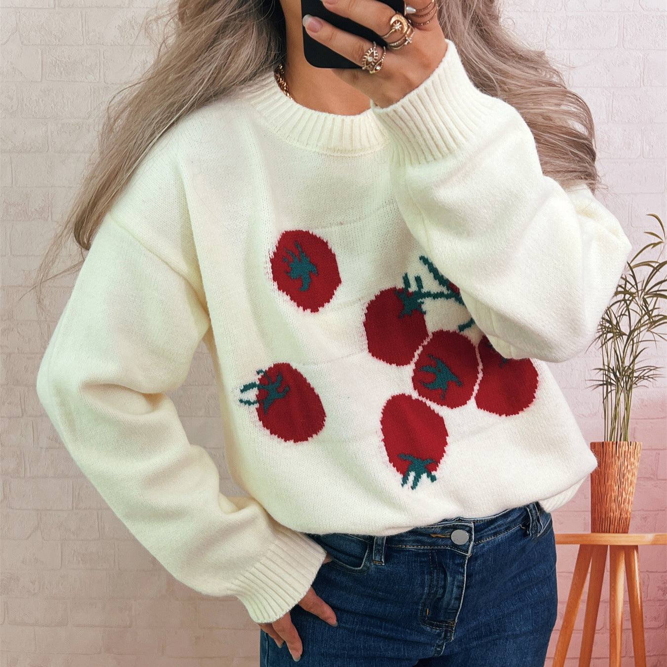 Damen Strickpullover Tomatenmuster Lässiger Schnitt Norvielle