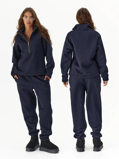 Damen Fleece-Loungewear-Set mit Reißverschluss Rippstruktur Norvielle