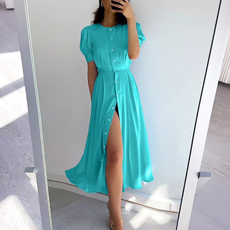 Damen Maxikleid Knöpfbarem Dekolleté Seiten Schlitz Norvielle