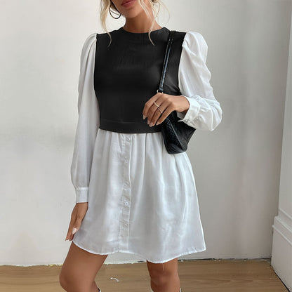 Damen Blusenkleid mit Kontrastärmeln Blusenstil