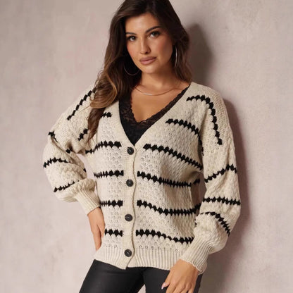 Damen Strickjacke Zickzackmuster Knöpfe Beige - Norvielle