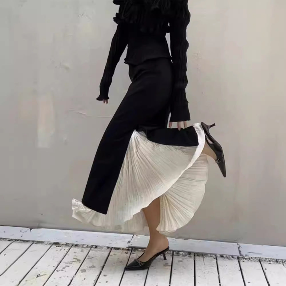 Damen Maxi-Rock mit Schlitzen und Lagenlook Schwarz - Norvielle