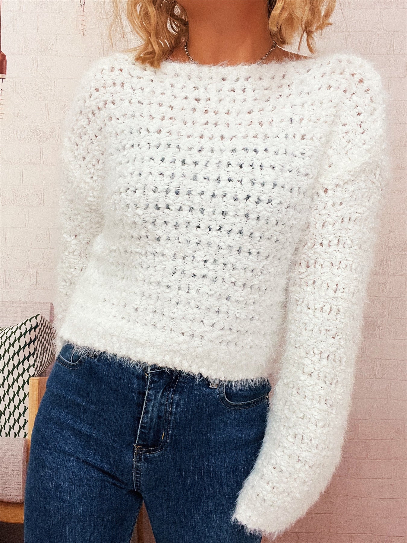 Damen Strickpullover Kuschelig Struktur Norvielle Weite Ärmel