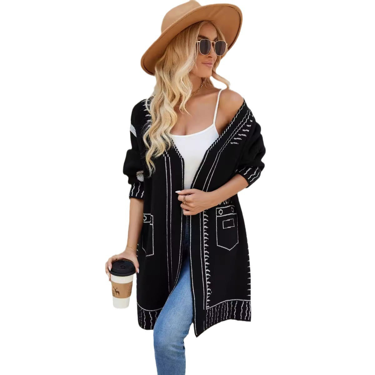 Damen Strickjacke Muster V-Ausschnitt Norvielle