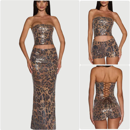 Damen Leopardenmuster Crop- und Shorts Set mit Glitzer - Norvielle