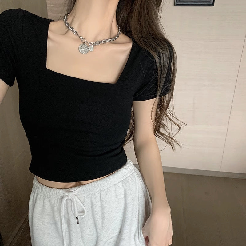 Damen T-Shirt Cropped Quadratischer Ausschnitt Figurbetont
