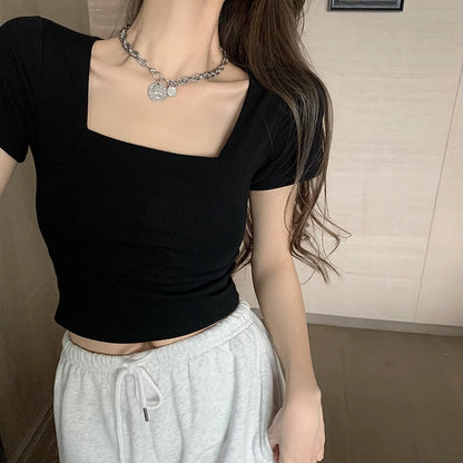 Damen T-Shirt Cropped Quadratischer Ausschnitt Figurbetont