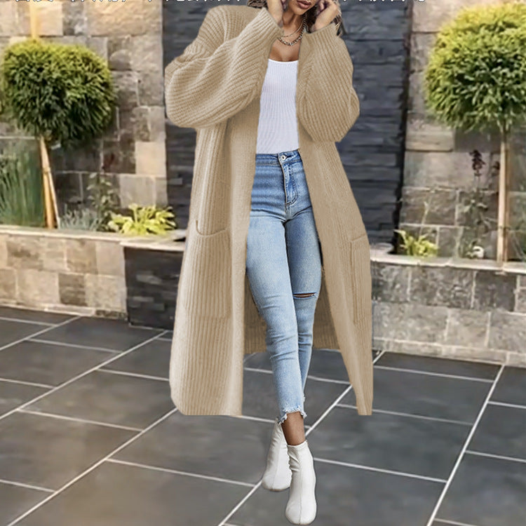 Damen Grobstrick-Cardigan Offenes Frontdesign Mit Taschen Beige