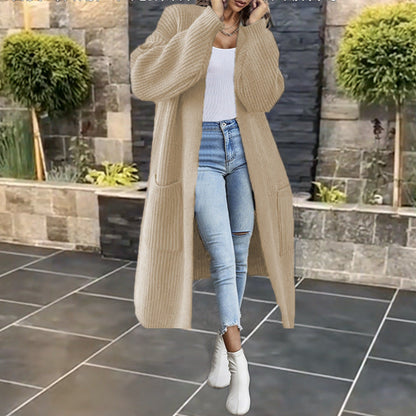 Damen Grobstrick-Cardigan Offenes Frontdesign Mit Taschen Beige