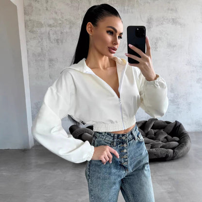 Damen Cropped Kapuzenjacke Elastischer Bund Lässiger Schnitt