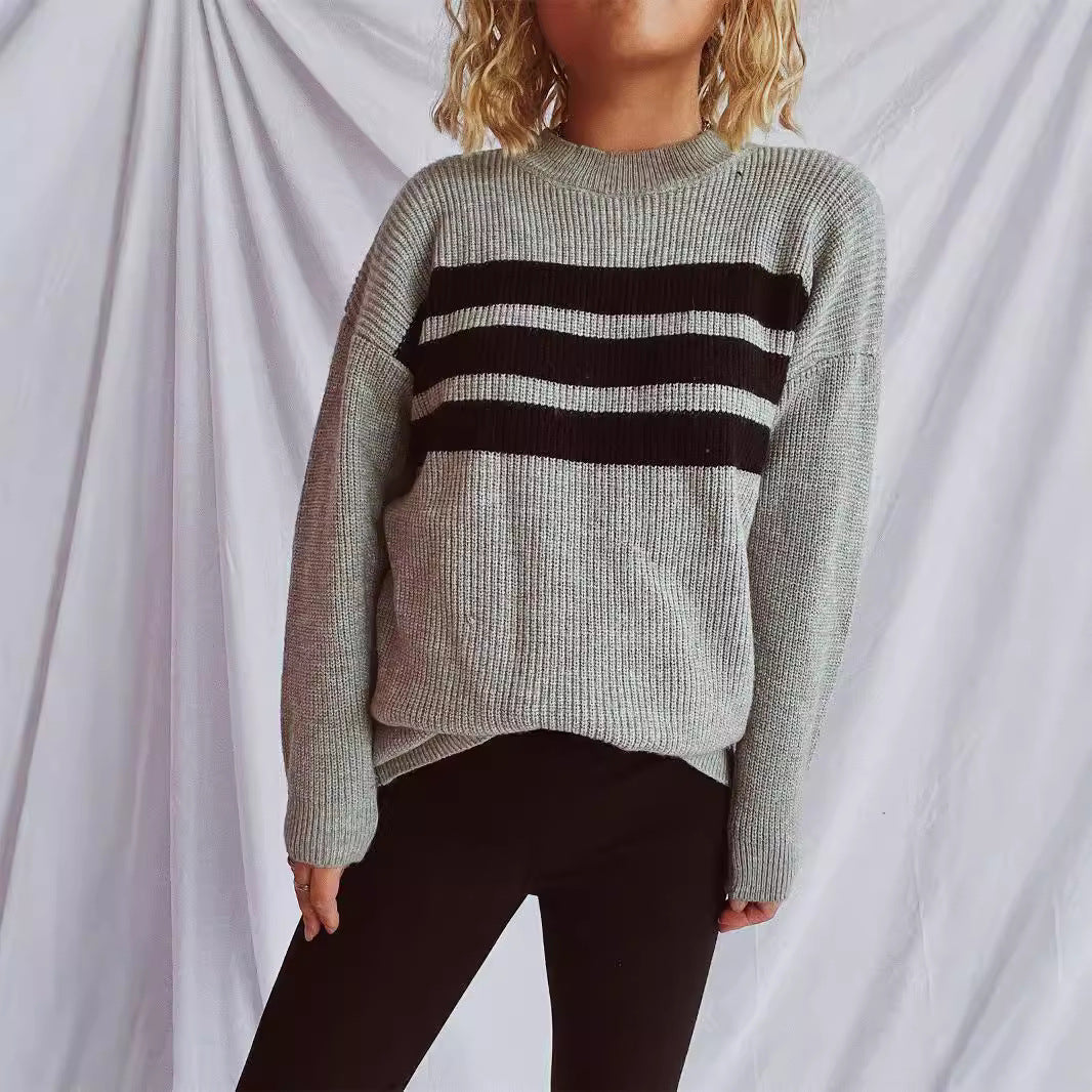 Damen Strickpullover Oversized Horizontale Streifen Beige