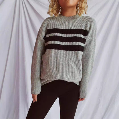 Damen Strickpullover Oversized Horizontale Streifen Beige