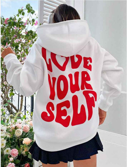 Damen Hoodie Kordelzug Kängurutasche Rückenprint Grau
